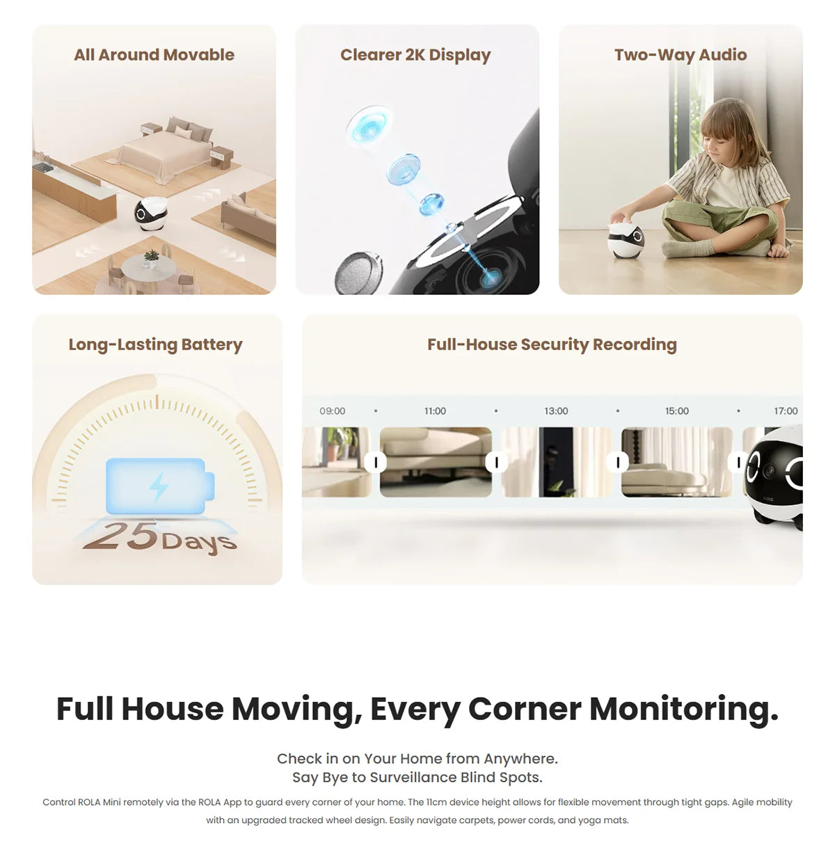 ROLA Mini 2K Wi-Fi Camera Robot with Motion Tracking & 2-Way Audio