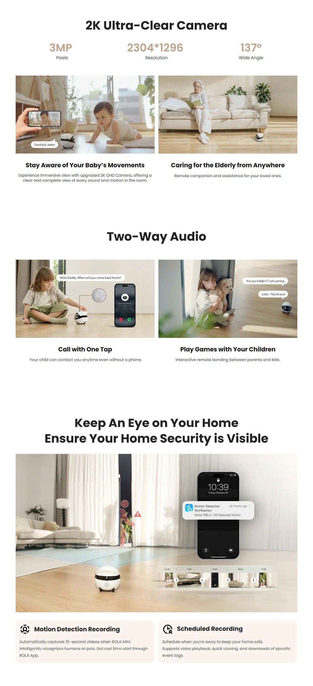 ROLA Mini 2K Wi-Fi Camera Robot with Motion Tracking & 2-Way Audio